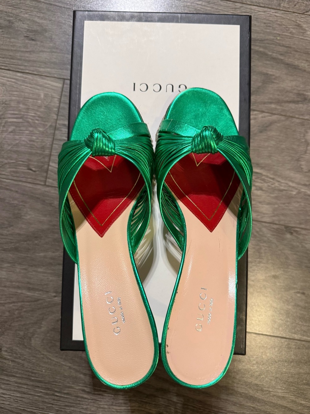 Gucci Emerald Green Satin Knot Slide Mules